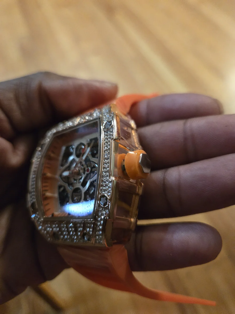 Orange Silicone Strap Skeleton Watch with Crystal Bezel